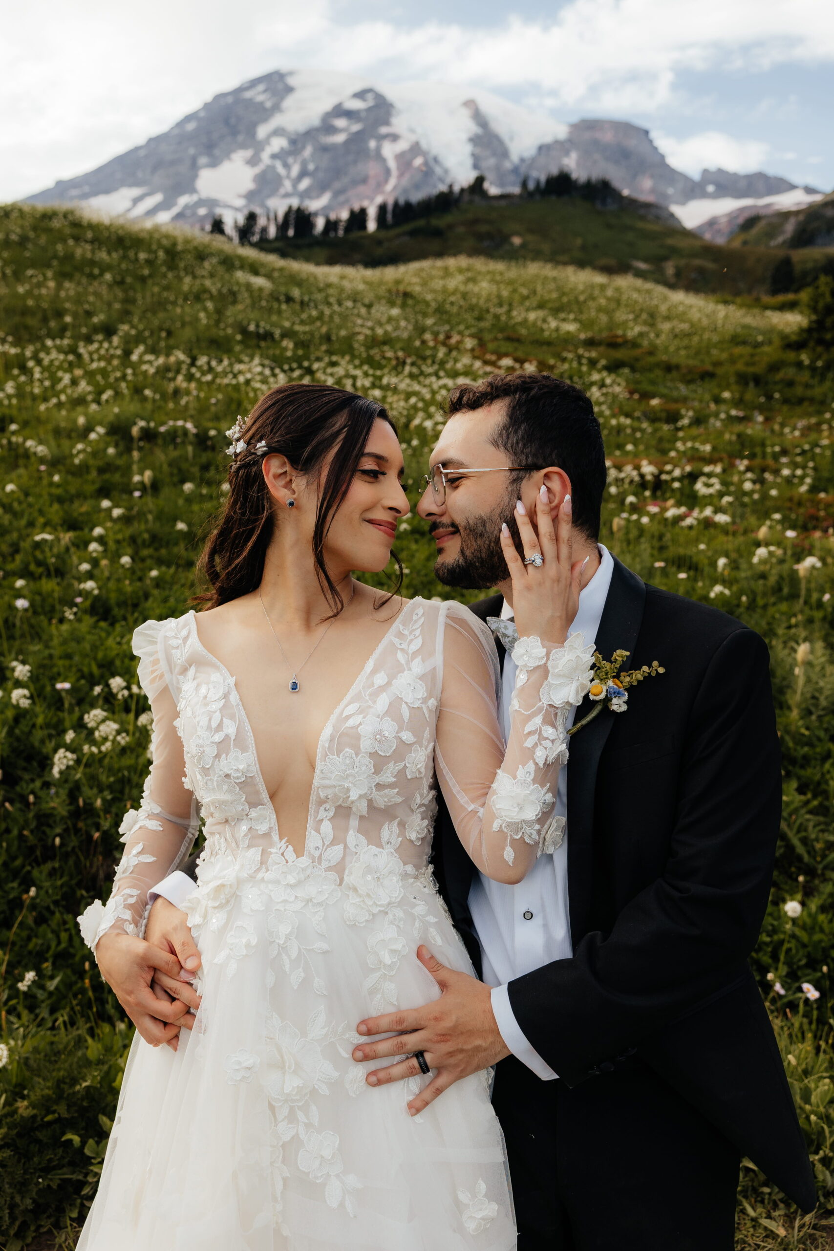 Couple hugs during their elopement at Skyline Trail, one of the best places to elope in Washington.