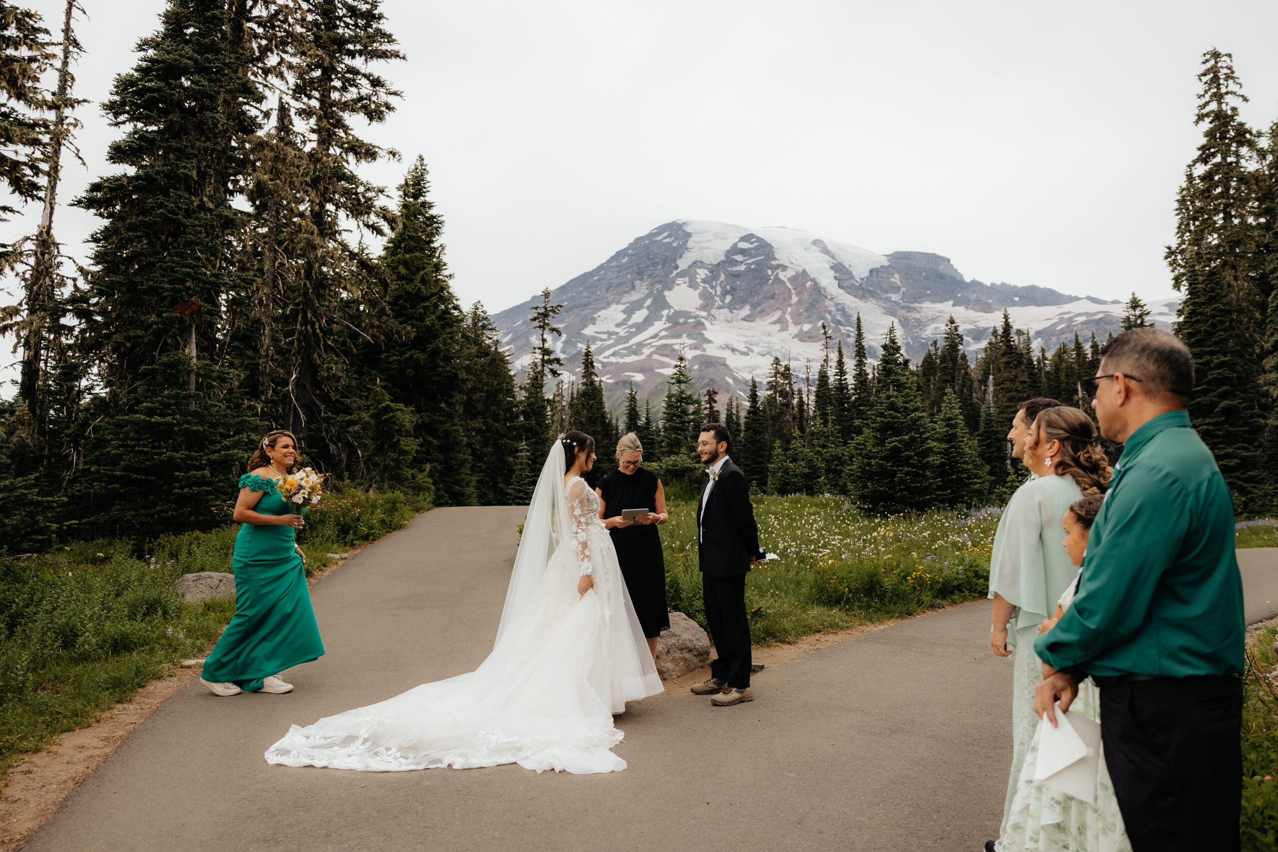 Guests gather around bride and groom during a wedding ceremony in Mt Rainier National Park.