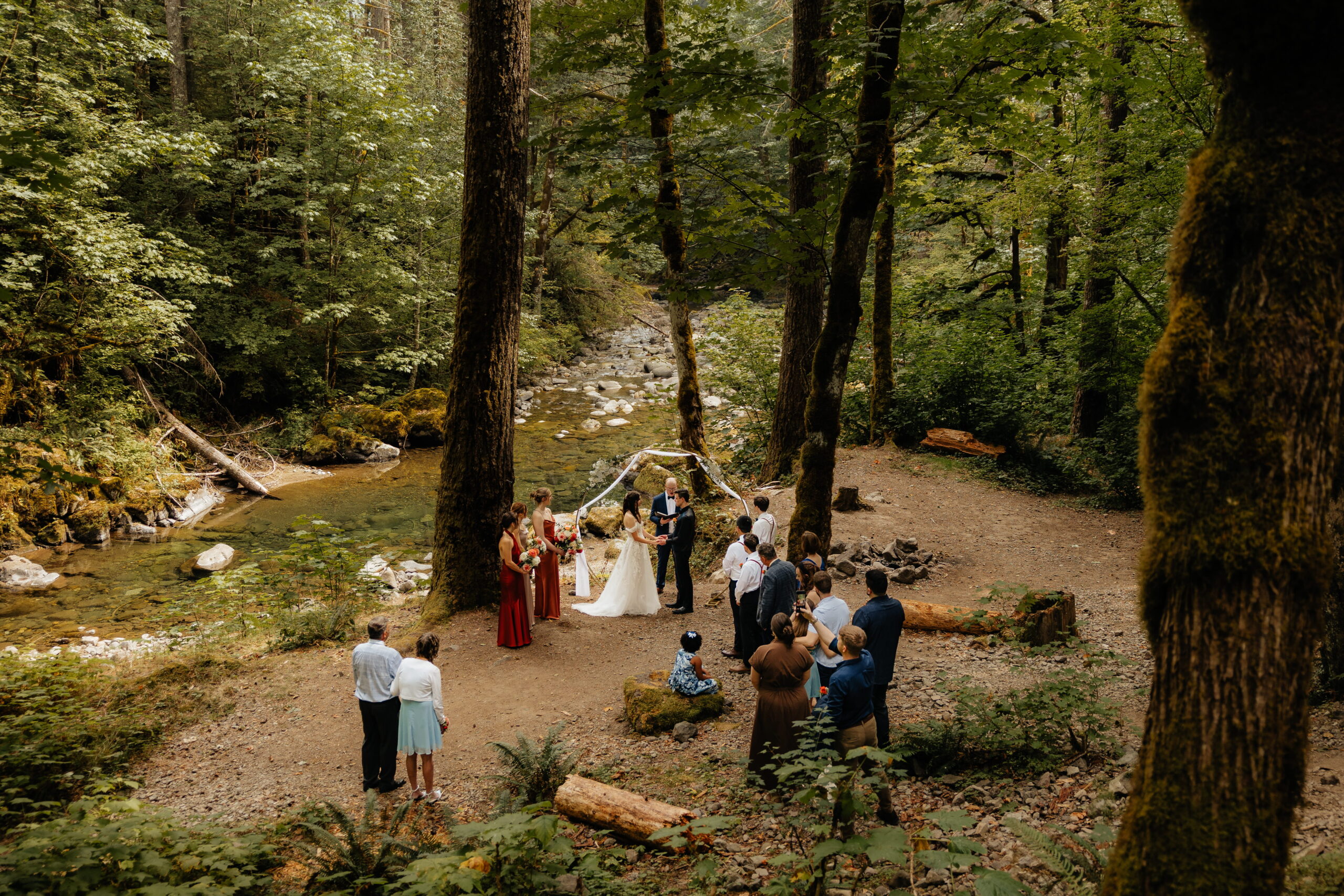 Guests gather around newlyweds in a forest clearing during their Mount Rainier wedding ceremony.