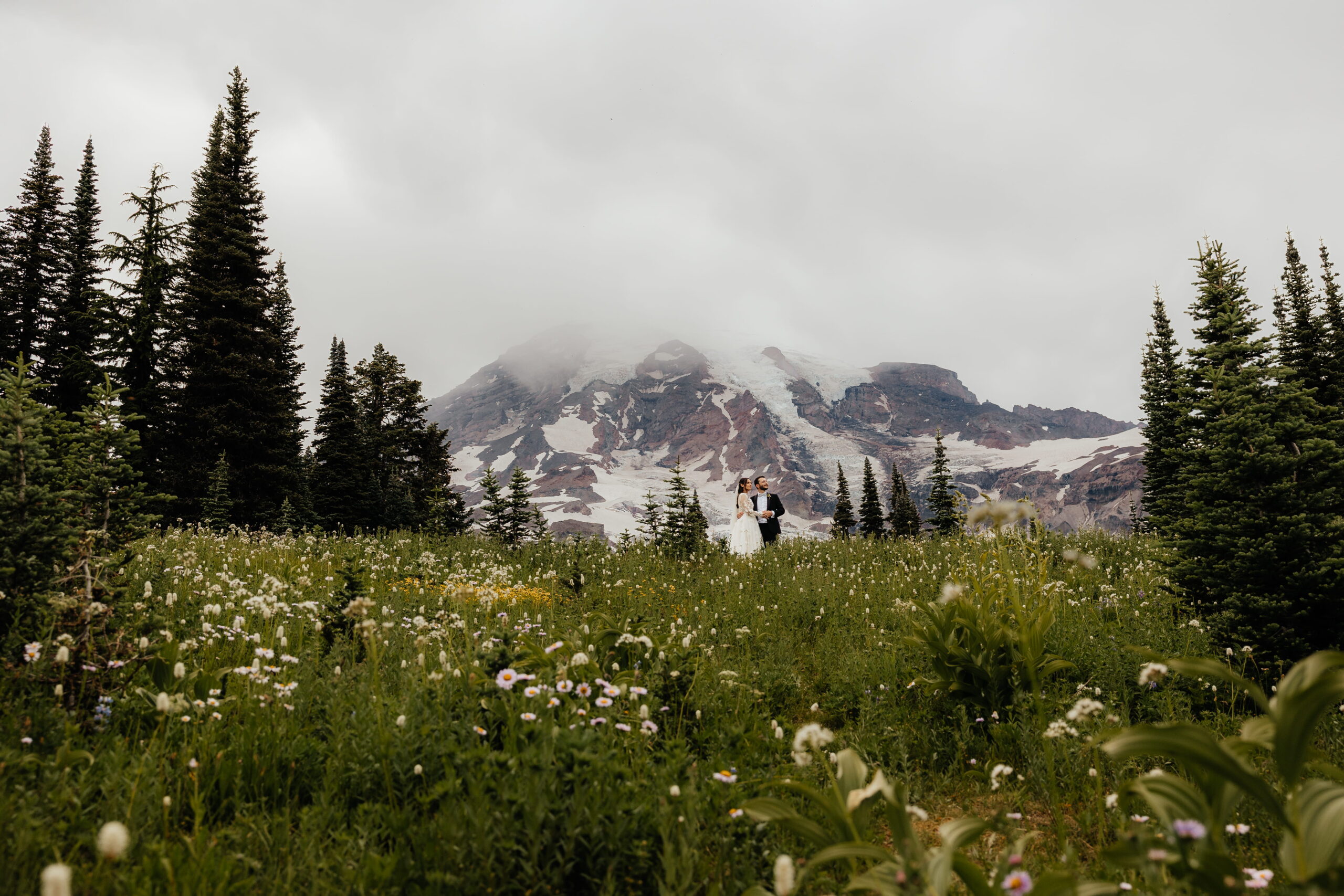 Newlyweds stand in a grassy wildflower field during their Mt Rainier elopement at Paradise. 
