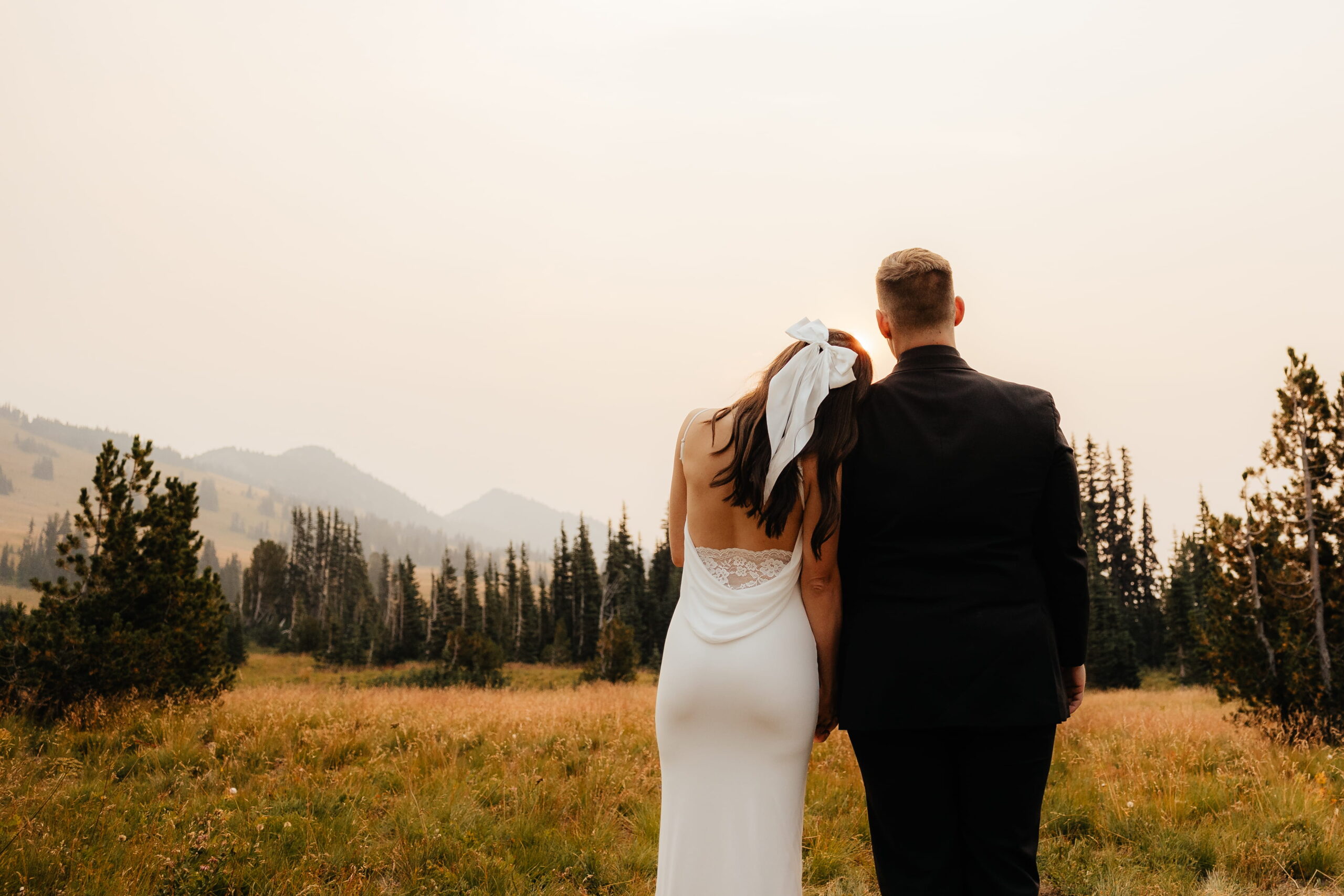 Bride and groom hold hands side by side during their Sunrise Mt Rainier elopement.