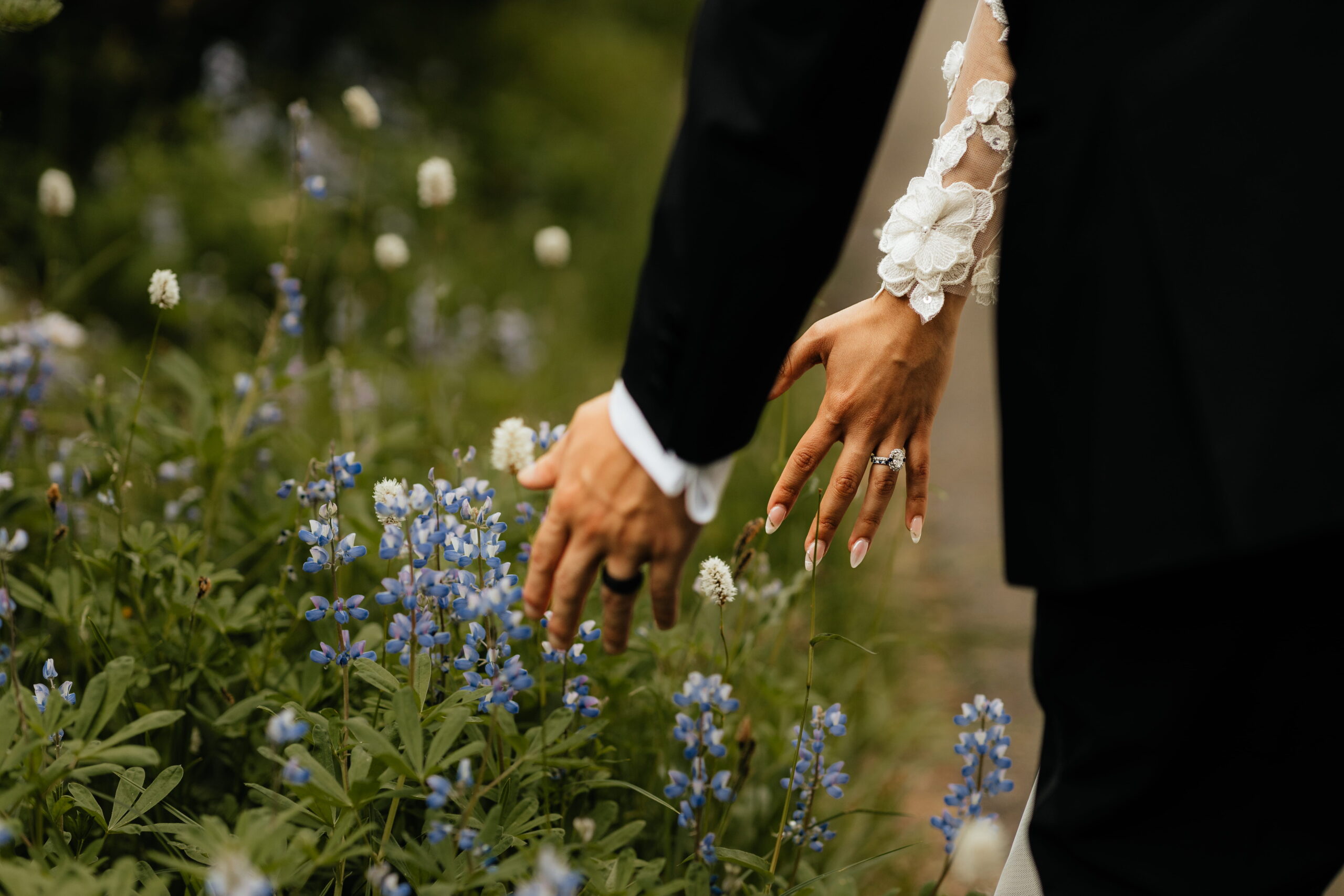 Newlyweds stroll and touch wildflowers during their summer elopement at Mount Rainier National Park. 