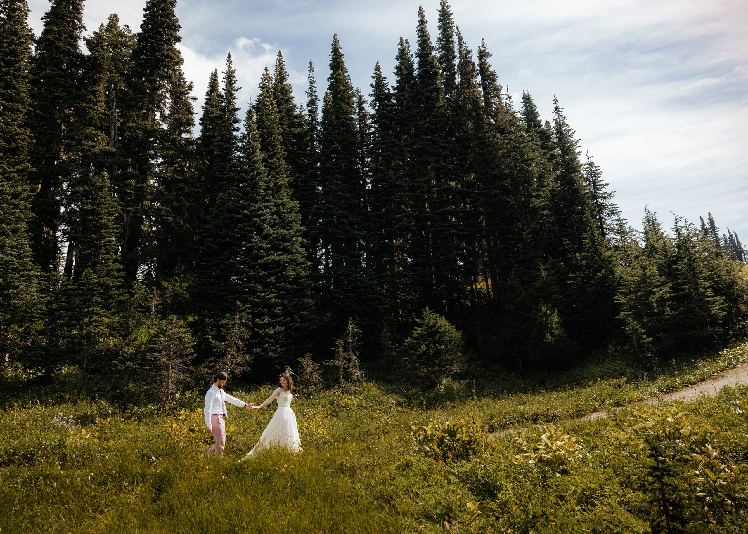 Newlyweds hold hands while walking through a field at Mt. Rainier National Park.