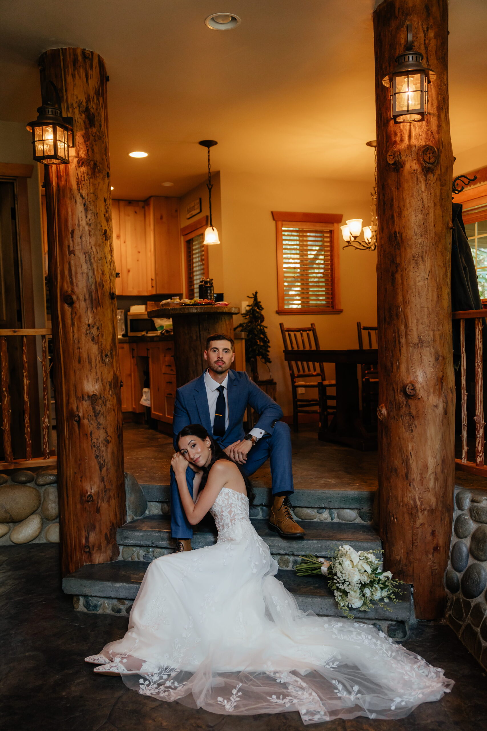 Wedding portraits at a log cabin near Mt Rainier National Park.